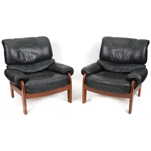 1022 - Pair of mid to late 20th century black leather and teak 'Safari' style lounge chairs, 88cm H x 92cm ... 