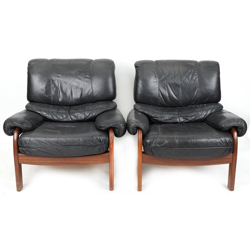 1022 - Pair of mid to late 20th century black leather and teak 'Safari' style lounge chairs, 88cm H x 92cm ... 