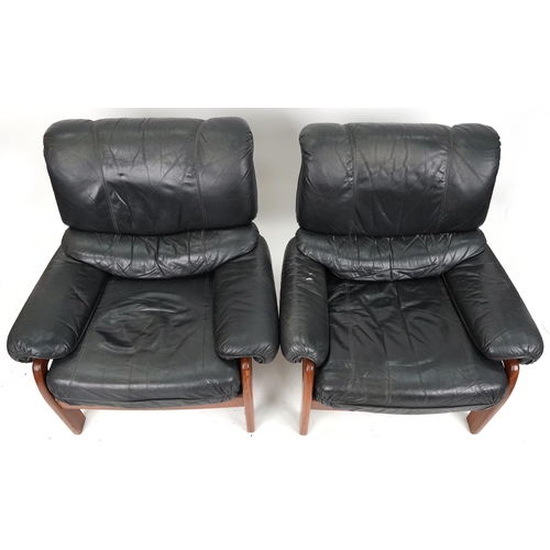 1022 - Pair of mid to late 20th century black leather and teak 'Safari' style lounge chairs, 88cm H x 92cm ... 