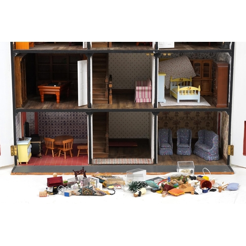 1105 - Mid to late 20th century doll's house, 92cm H x 82cm W x 46cm D, together with a collection of doll'... 