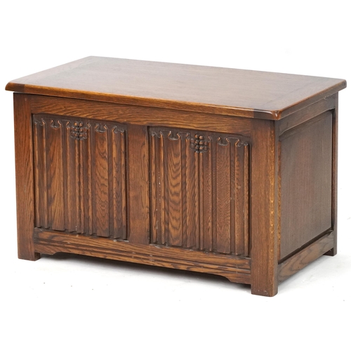 1012 - 20th century oak coffer with linen fold decoration, 46cm H x 76cm W x 43cm D