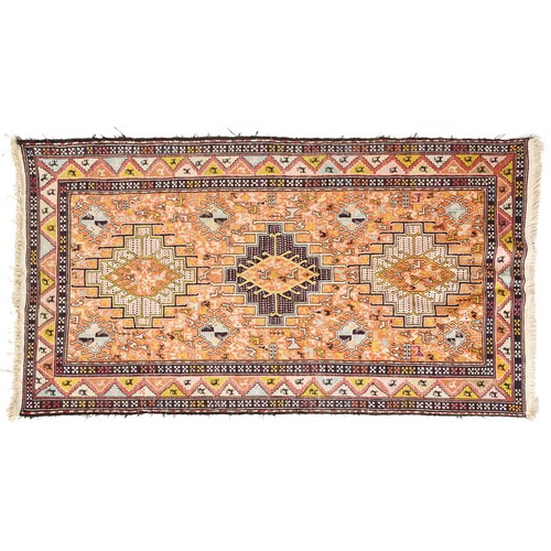 1020 - Rectangular Turkish hand made silk and wool rug by Tribal Arts Carpeting having allover geometric an... 