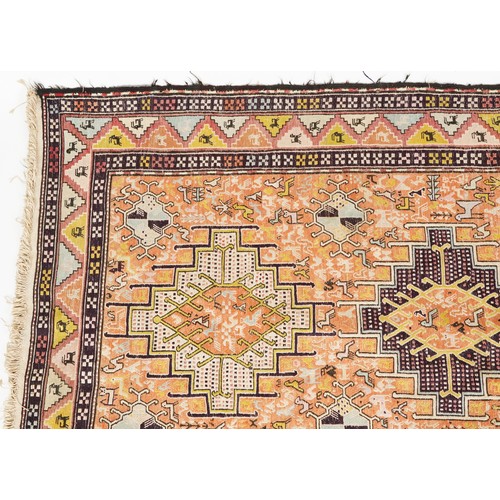 1020 - Rectangular Turkish hand made silk and wool rug by Tribal Arts Carpeting having allover geometric an... 