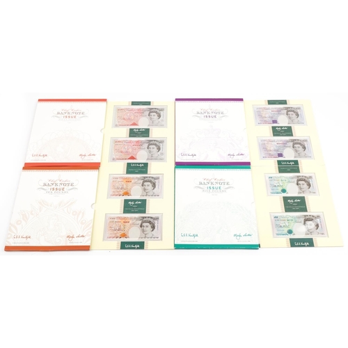 Limited edition Chief Cashier banknote issues to include two five pound notes, two ten pound notes, two twenty pound notes and two fifty pound notes, total face value one hundred and seventy pounds, each note having corresponding serial numbers