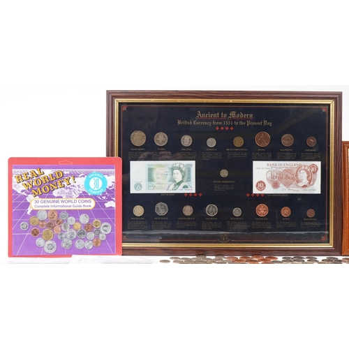 2184 - Two framed sets of British coinage including decimal and pre decimal and world banknotes and approxi... 