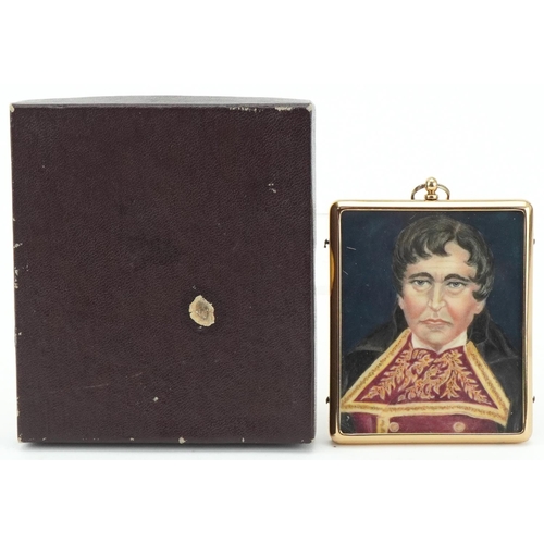 80 - Half length miniature portrait of a gentleman, continental school watercolour on card within a recta... 