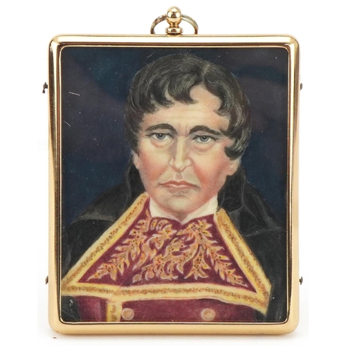 80 - Half length miniature portrait of a gentleman, continental school watercolour on card within a recta... 