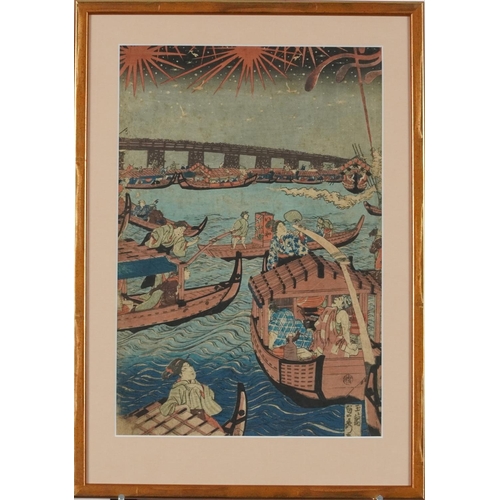 385 - Associated set of four Japanese prints, 20th century, including one example after a design by Utagaw... 