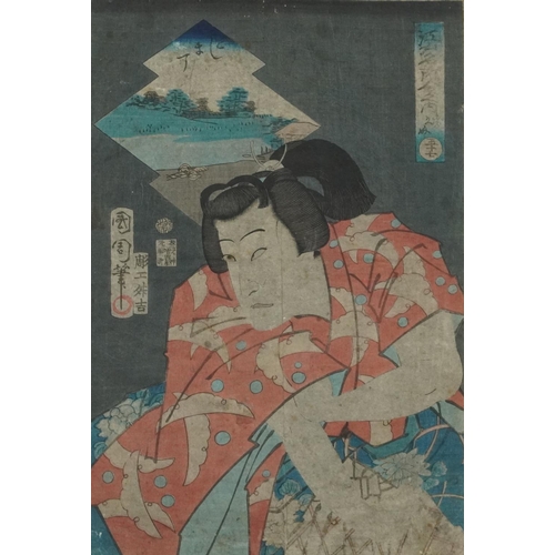 385 - Associated set of four Japanese prints, 20th century, including one example after a design by Utagaw... 