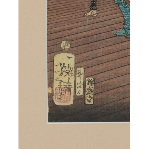 386 - Pair of Japanese woodblock prints after Utagawa Kunisada, 20th century, each framed and glazed, 35cm... 