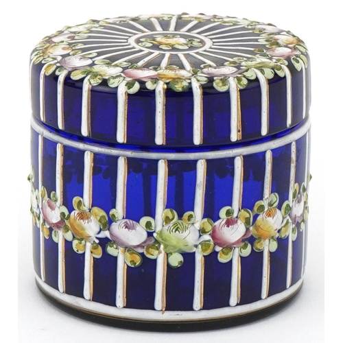 312 - Late 19th century French cylindrical blue glass dressing table jar with floral enamelled decoration,... 