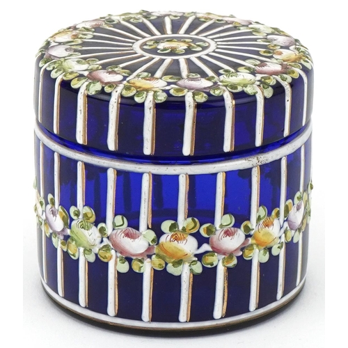 312 - Late 19th century French cylindrical blue glass dressing table jar with floral enamelled decoration,... 