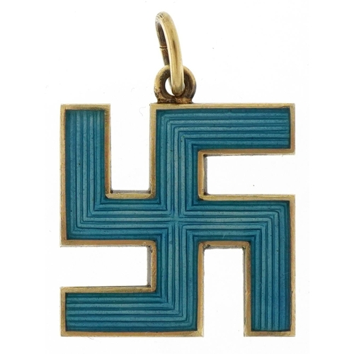 3346 - Norwegian silver and green guilloche enamel Swastika pendant by Marius Hammer, 2cm x 2cm, 4.5g