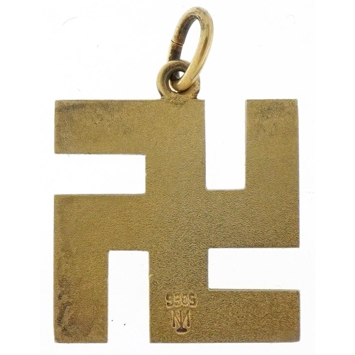 3346 - Norwegian silver and green guilloche enamel Swastika pendant by Marius Hammer, 2cm x 2cm, 4.5g