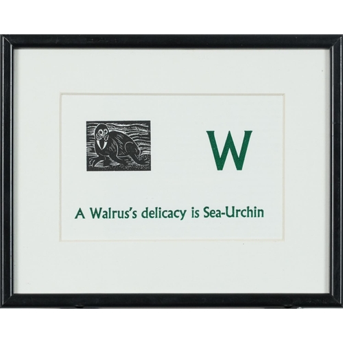 3556 - Enid Marx - 'W' A Walrus's delicacy is Sea-Urchin, coloured engraving, 19cm x 14cm, together with tw... 