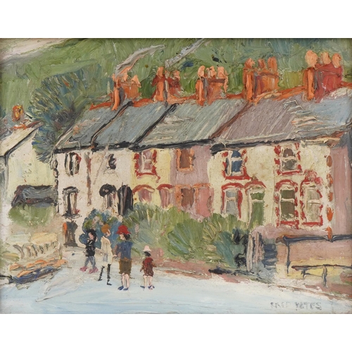 Fred Yates - Figures on the street, 20th century British school oil on board, signed to the lower right corner, framed, 24cm x 19cm