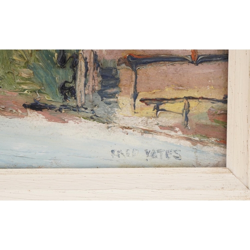  Fred Yates - Figures on the street, 20th century British school oil on board, signed to the lower ri... 