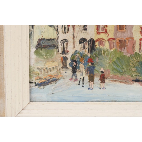 3534 - Fred Yates - Figures on the street, 20th century British school oil on board, signed to the lower ri... 