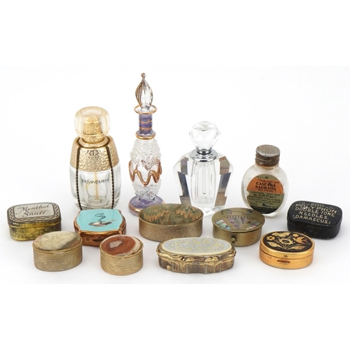 1144 - Small collection of scent bottles together with a small collection of snuff boxes