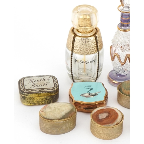 1144 - Small collection of scent bottles together with a small collection of snuff boxes