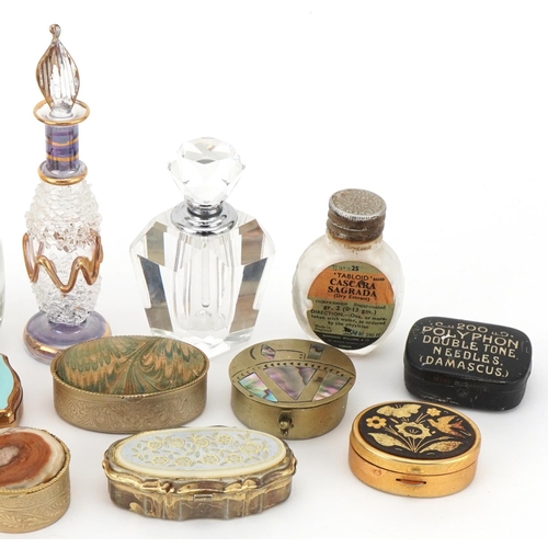 1144 - Small collection of scent bottles together with a small collection of snuff boxes