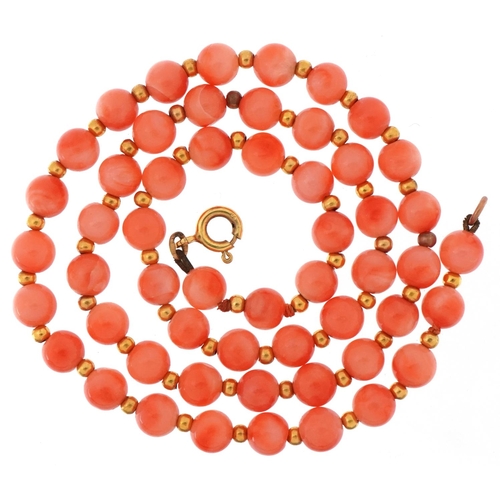 3235 - Pink coral bead necklace with 9ct gold clasp, 40cm in length, 13.5g