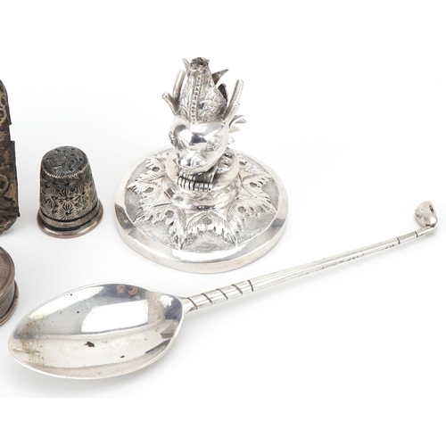 458 - Antique and later silver objects including Chinese silver mythical head, teaspoon in the form of a g... 