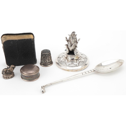 458 - Antique and later silver objects including Chinese silver mythical head, teaspoon in the form of a g... 