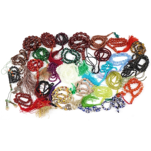 3369 - Large collection of rosary bead necklaces, some with polished stones, including carnelian and painte... 