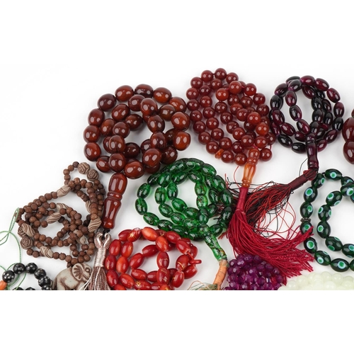 3369 - Large collection of rosary bead necklaces, some with polished stones, including carnelian and painte... 