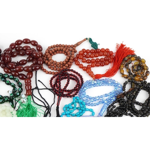 3369 - Large collection of rosary bead necklaces, some with polished stones, including carnelian and painte... 