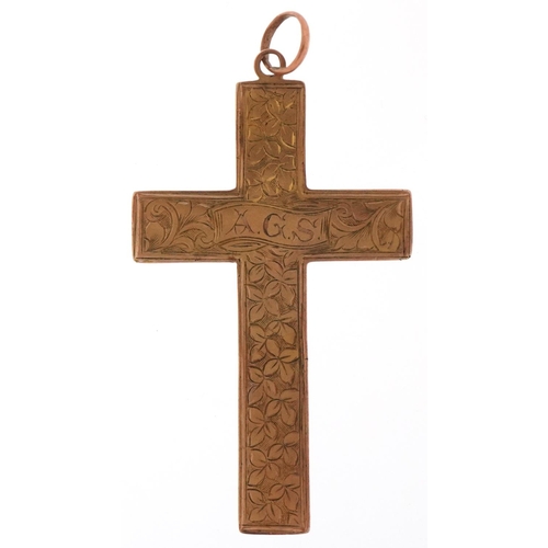 3302 - 9ct rose gold cross pendant engraved with foliage, Chester 1912, 4cm high, 1.4g