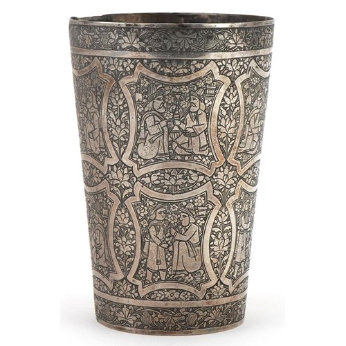 419 - Middle Eastern silver beaker profusely engraved with panels of figures presenting gifts amongst foli... 