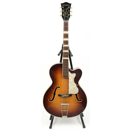 618 - Hofner six string acoustic guitar with green baize lined protective case, 104cm in length