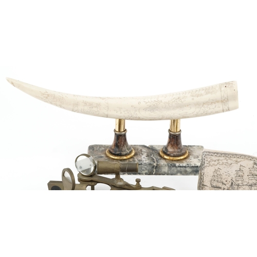 1203 - Two naval interest decorative model scrimshaw style carvings and a brass sextant, the largest 43cm i... 