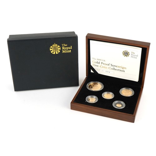 3593 - 2009 gold proof sovereign five coin collection by The Royal Mint with box and certificate numbered 0... 