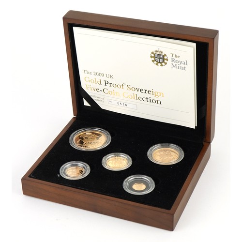 3593 - 2009 gold proof sovereign five coin collection by The Royal Mint with box and certificate numbered 0... 