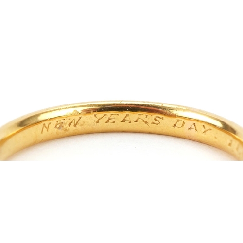 3040 - George V 22ct gold wedding band, Birmingham 1927, size O/P, 3.5g