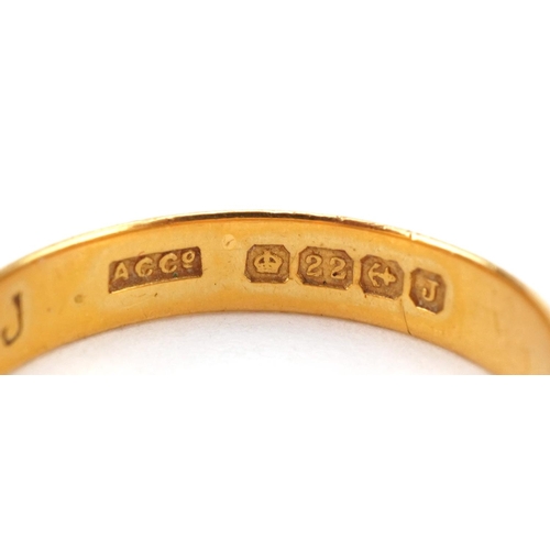 3212 - Victorian 22ct gold wedding band, Birmingham 1858, size L, 2.3g