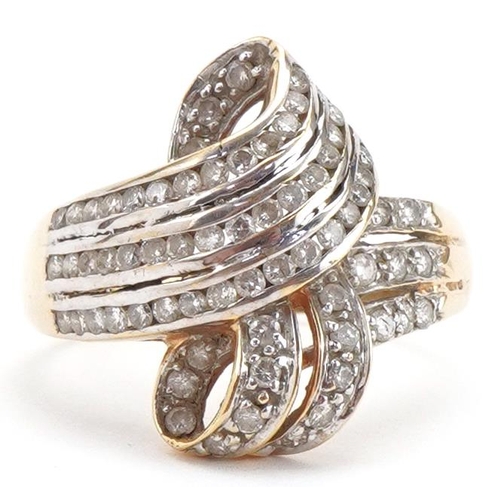 3027 - 18ct gold diamond three row bow design ring, size P/Q, 5.2g