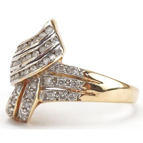 3027 - 18ct gold diamond three row bow design ring, size P/Q, 5.2g