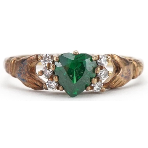 3095 - 9ct gold green stone and cubic zirconia Claddagh ring, size R, 2.3g