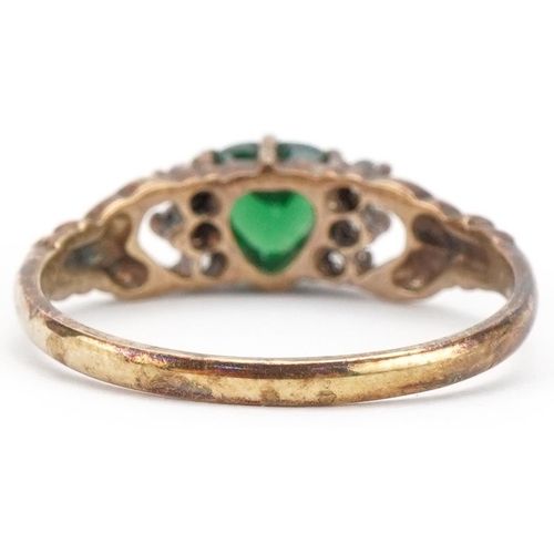 3095 - 9ct gold green stone and cubic zirconia Claddagh ring, size R, 2.3g