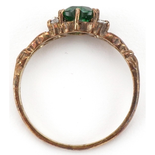 3095 - 9ct gold green stone and cubic zirconia Claddagh ring, size R, 2.3g