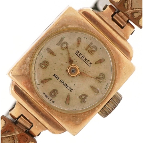 3032 - Bernex, ladies 9ct gold manual wind wristwatch with gold plated strap, 14mm wide