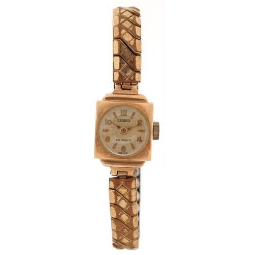 3032 - Bernex, ladies 9ct gold manual wind wristwatch with gold plated strap, 14mm wide