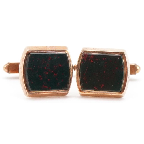 3108 - Pair of 9ct gold bloodstone cufflinks, 1.2cm wide, total 7.4g