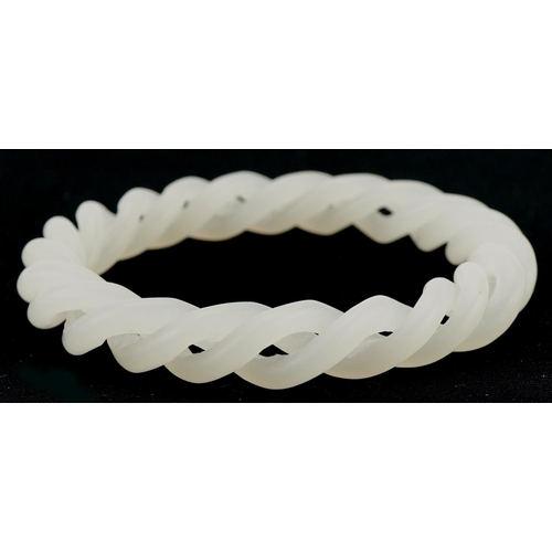 3055 - Chinese white jade two section entwined bangle, 8cm in diameter, 30.5g