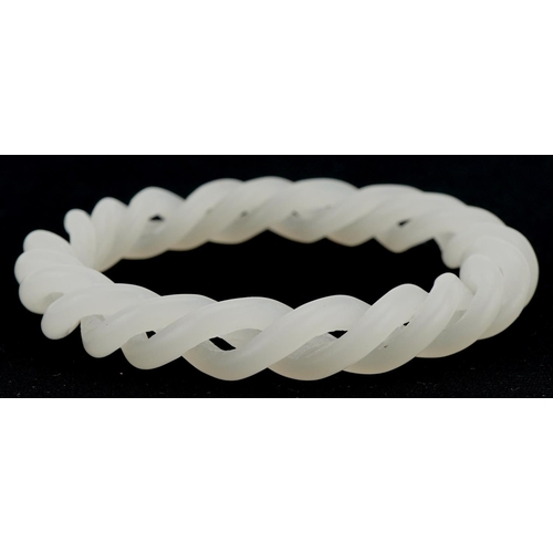 3055 - Chinese white jade two section entwined bangle, 8cm in diameter, 30.5g