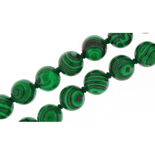 3091 - Malachite design bead necklace, each bead 10mm in diameter, overall 88cm in length, 92.8g